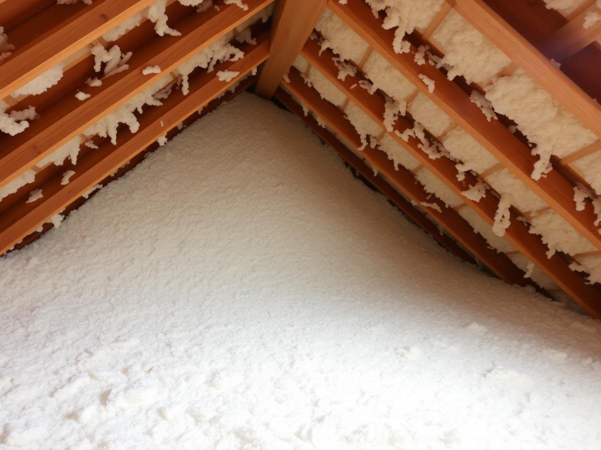 Freshly installed attic insulation between rafters