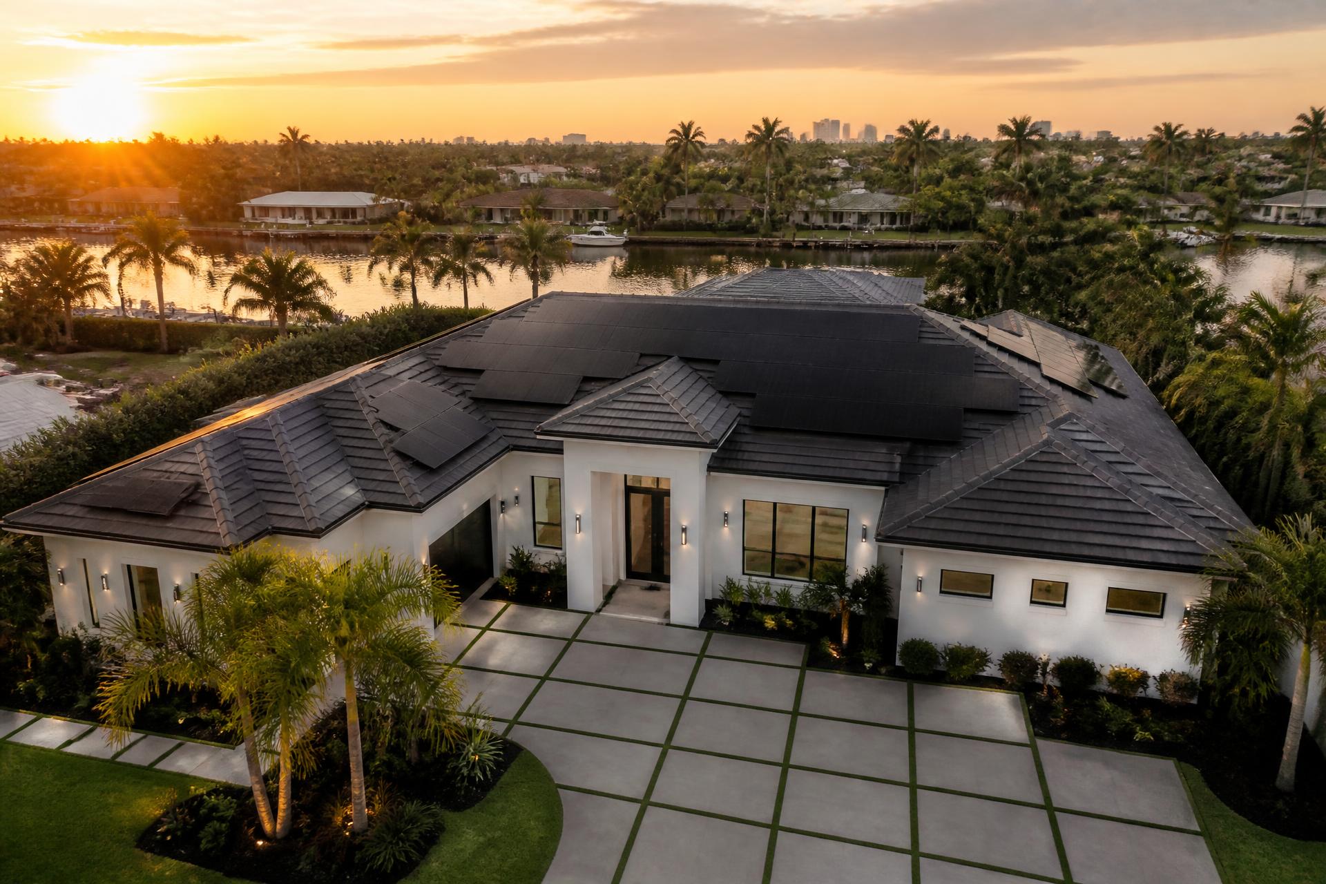 Aerial view of a modern South Florida home with a rooftop solar array at golden hour