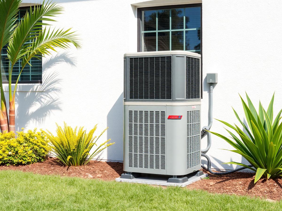 Modern high-efficiency air conditioning condenser beside a Florida home